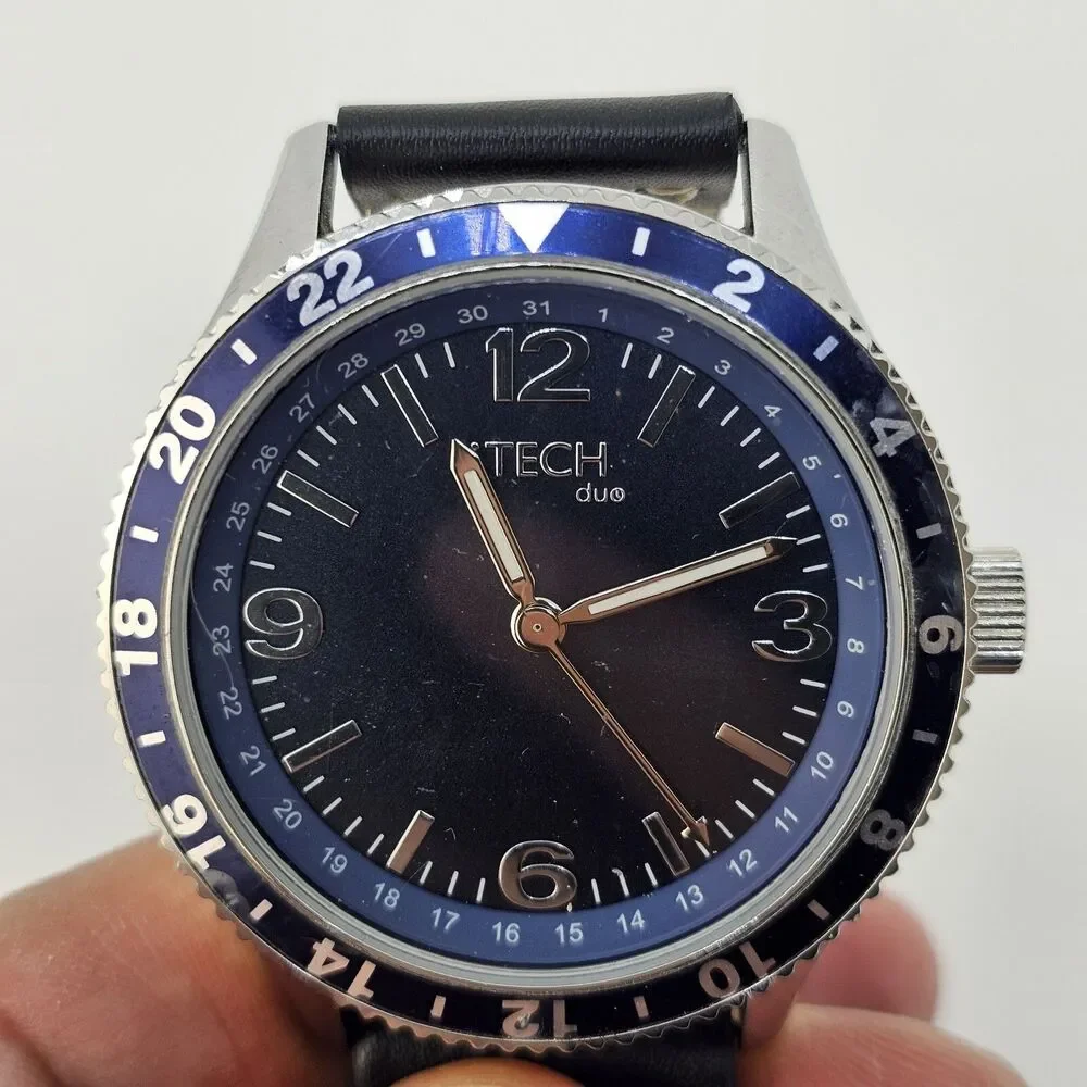 Men's Watch 46MM Large Gray Case Blue‎ Dial Black Leather Bands New Battery